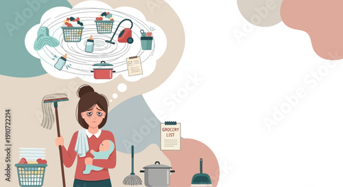 Overwhelmed Mother with Cleaning Tasks and Baby.