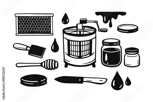 Beekeeping equipment illustration with honey extractor and tools