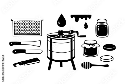 Beekeeping tools and honey extraction equipment with honeycomb and jars