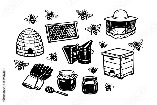 Beekeeping essentials: hive, honey, and equipment with bees