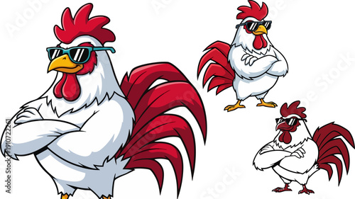 Cool Rooster Chicken Mascot Vector Cartoon with Sunglasses and Crossed Arms, Red and White, isolated on white