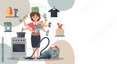 Overwhelmed Woman Multitasking with Household Chores and Finances.