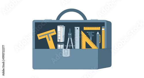 Blue Toolbox Filled with Architects Drafting Tools.