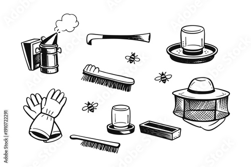 Beekeeping equipment and tools with beehive smoker and protective gear