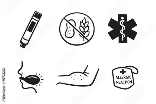 Allergy prevention and response symbols with epipen and reaction signs