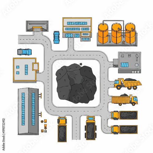 Coal Mining and Processing Infrastructure with Trucks and Buildings.