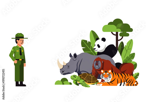 Vector flat design illustration of a conservationist standing beside a group of endangered animals including a rhino, panda, tiger, and gorilla in a lush, green environment.