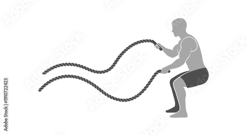 Monochromatic Illustration of Man Performing Battle Rope Exercise.