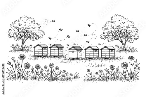 Beehives in a tranquil meadow with buzzing bees and wildflowers