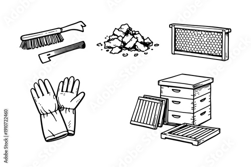 Beekeeping tools: brush, smoker, gloves, honeycomb, hive drawings