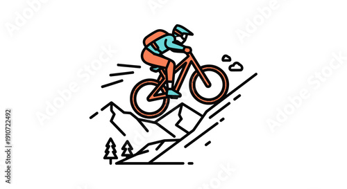 Colorful Line Art Illustration of Mountain Biker Descending Trail.