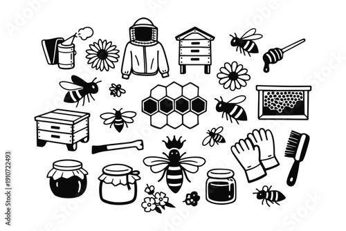 Beekeeping essentials and honey bees illustrated set
