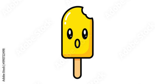 Cartoon Yellow Popsicle with Bite and Surprised Face.