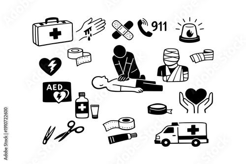 Medical emergency icons and symbols for first aid and emergency response