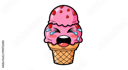 Crying Cartoon Ice Cream Cone with Strawberry Topping.