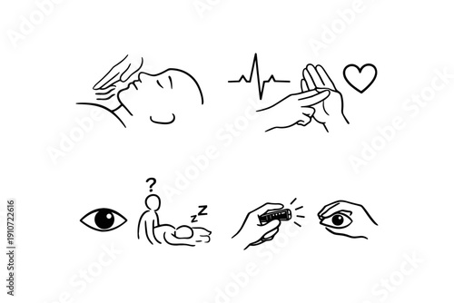 Healthcare illustrations: patient care, monitoring, vision, and sleep concepts