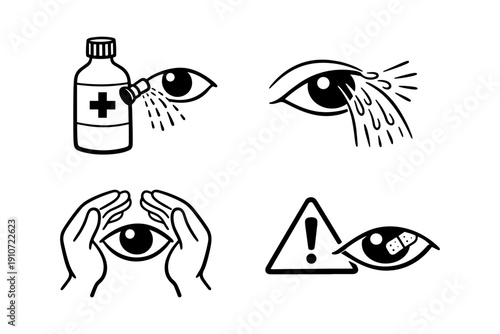Eye safety symbols: eye drops, tears, eye cover, caution sign icons