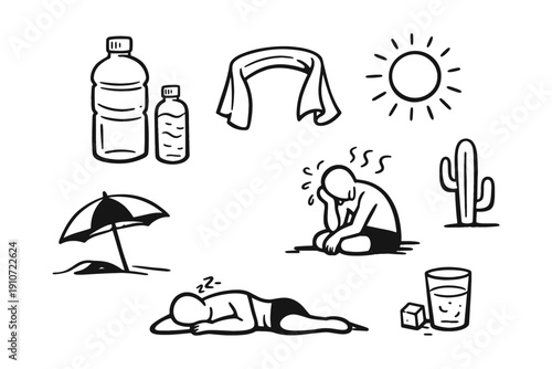 Heat prevention icons: stay hydrated and cool in hot weather