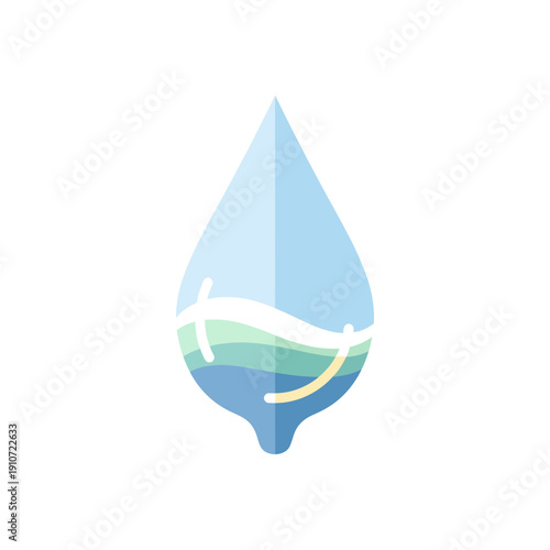 “Water drop icon symbolizing clean water, environmental conservation concept, flat semi-flat illustration, soft pastel colors, minimal detail, single icon, no text, transparent background”