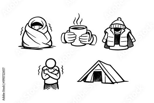 Cozy winter essentials: warm clothing, hot beverage, and camping tent