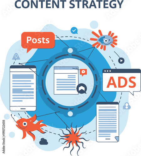 Digital marketing strategy illustration showing mobile devices with content and ads, surrounded by abstract shapes and icons, viewed from directly above