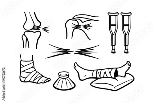 Hand-drawn illustration of bone fractures and injury treatments with medical symbols