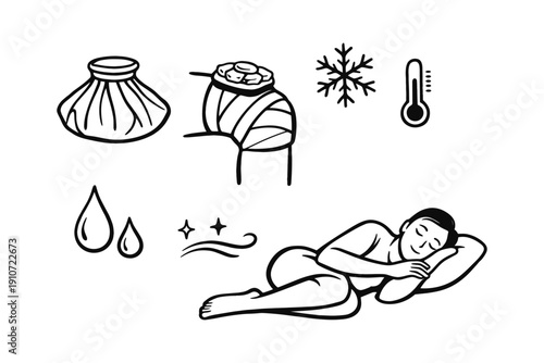 Injury pain management: cold therapy, rest, and healing symbols