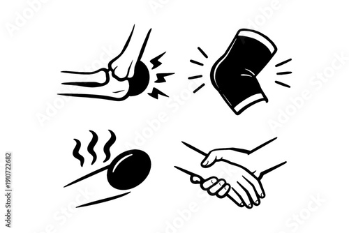 Icon set: elbow support, handshake, foot massage, heat therapy