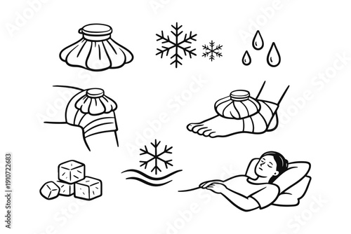 Cold therapy icons: ice packs, snowflakes, and relaxation imagery