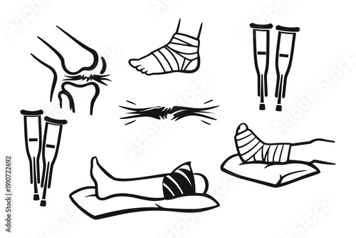 Injury recovery: sprains, crutches, and bandages in black and white illustrations