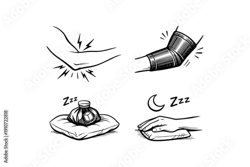 Injury recovery illustrations: pain, support, rest, healing icons