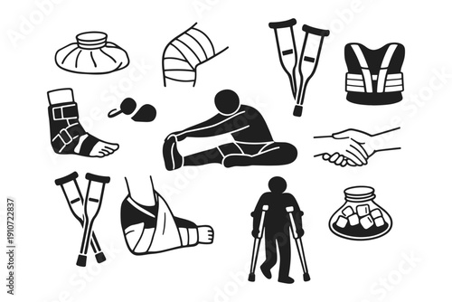 Rehabilitation and injury recovery icons featuring crutches, bandages, and stretching figure