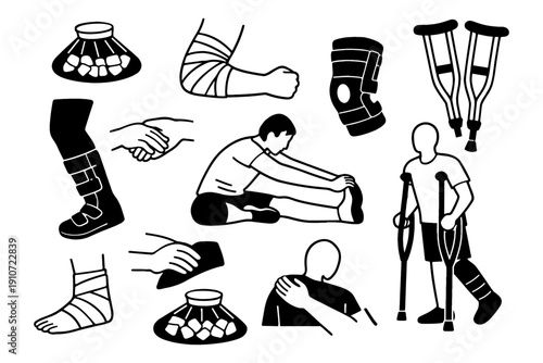 Injury recovery icons: crutches, bandages, ice packs, stretching illustrations