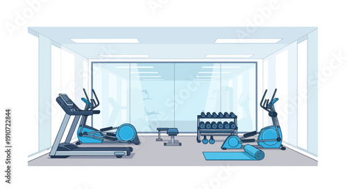 Modern Gym Interior with Cardio Machines and Weights.