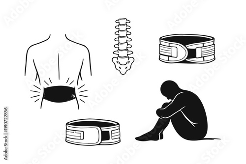 Back pain relief: supporting spinal health with lumbar brace and supports icon set