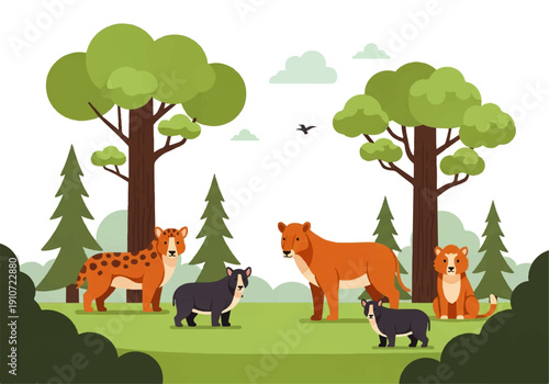 Vector flat design illustration of various animals, including a fox, cheetah, and dog, standing together in a forest clearing with trees and bushes, creating a lively scene.