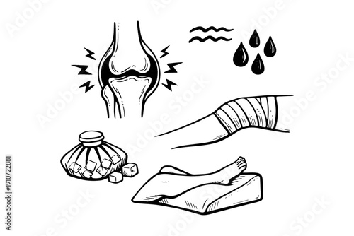 Knee pain relief techniques: ice pack, compression, elevation, water therapy illustration