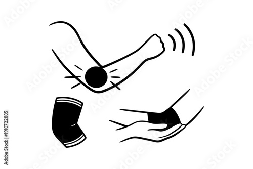 Black and white elbow pain relief illustration for injury and support