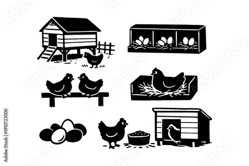 Black and white illustrations of chicken coops and hens with eggs