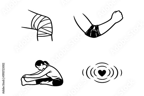 Medical support symbols: bandaging, elbow support, female stretching, heartbeat