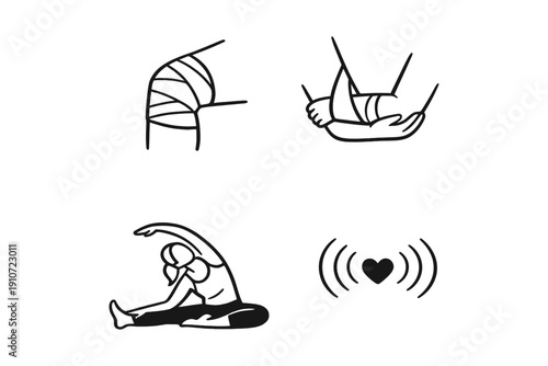 Injury prevention and recovery: bandaged limb, arm sling, stretching exercise, heartbeat icon