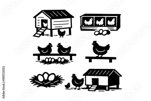 Black and white farm elements: chicken coops, hens, and eggs