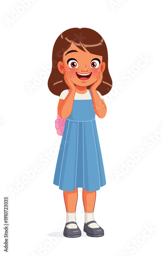 Happy excited little Indian girl in school uniform with hands on cheeks. Cartoon vector illustration isolated on white background.