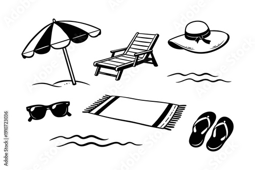 Beach essentials illustration: umbrella, chair, hat, sunglasses, rug, flip-flops