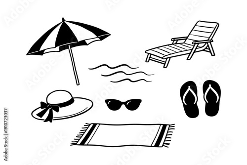 Beach essentials: umbrella, sunglasses, hat, flip-flops, towel, lounger icons