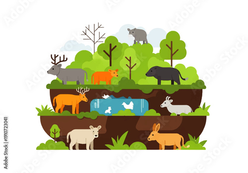 Vector flat design illustration of a cross-section of the earth with diverse animals in their natural habitats on land and in water.