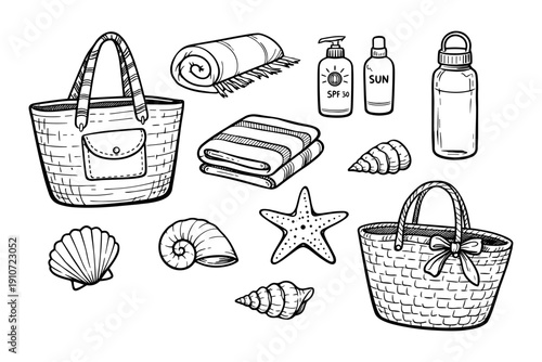 Hand-drawn summer beach essentials with bags, towels, shells, and skincare products