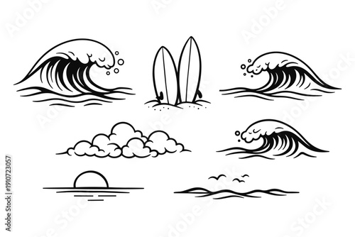 Minimalist surfing icons set with waves, surfboards, and ocean elements