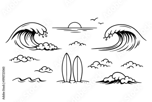 Black and white surfing scene with waves and surfboards