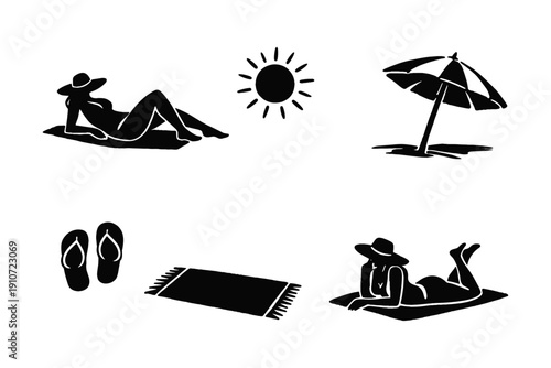 Silhouette beach icons: relaxing women with sun, umbrella, flip-flops, and towel